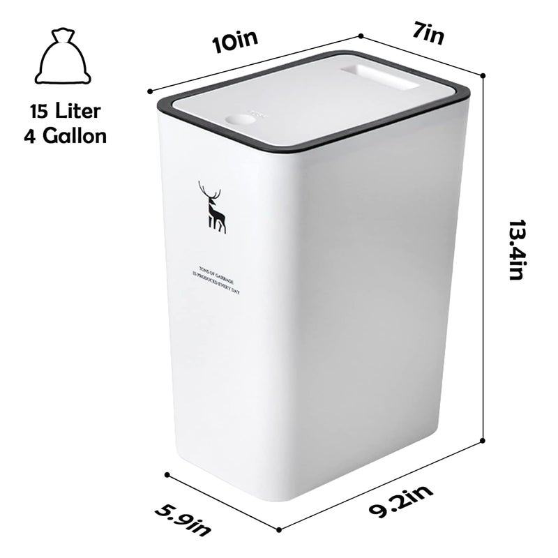 XPIY Trash Can with Lid, 2 Pack 4 Gallons/15 Liters Garbage Can with Press Top, Small Trash Can Dog Proof, Plastic Trash Bin, Waste Basket for Bathroom|Kitchen|Bedroom|Office (2, White) - Image 4
